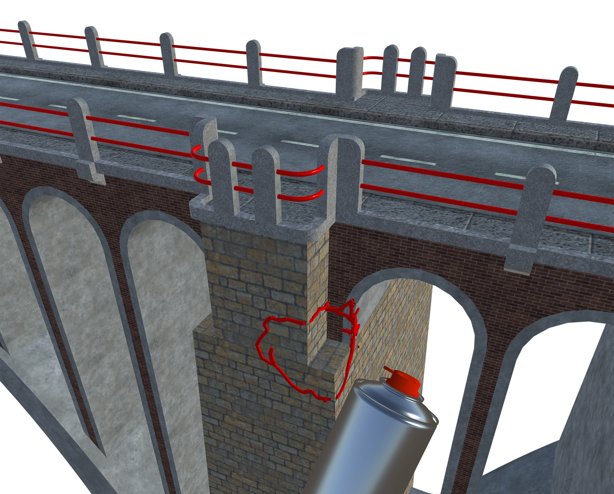 Split view: 3D bridge model on one side with holographic annotations marking stress points, remote expert on the other side examining the same model with annotations visible.